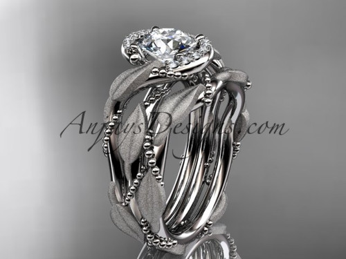 White Gold Leaf and Vine "Forever One" Moissanite Engagement Ring Set, Halo Diamond Brisal Set