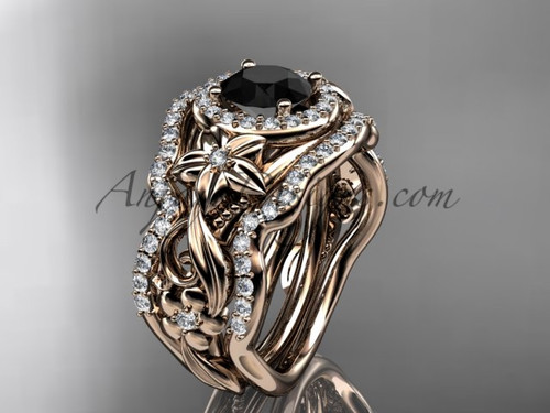 Unique nature inspired Flower Wedding Set, 14kt Rose Gold Black Diamond Engagement Ring ADLR300S