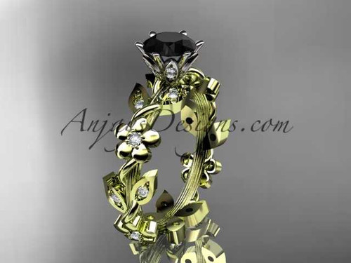 14kt yellow gold diamond leaf and vine engagement ring with a Black Diamond center stone ADLR209