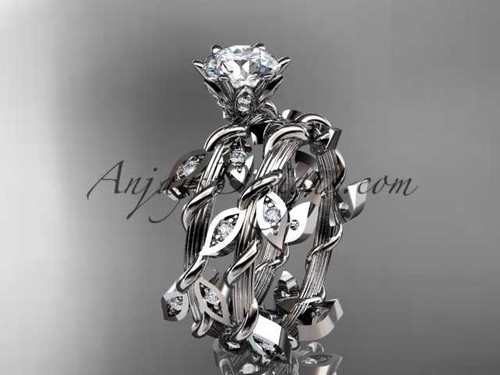 14k white gold diamond leaf and vine engagement ring, engagement set ADLR20S