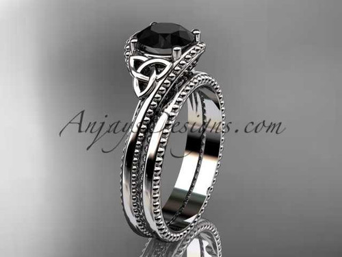 Elegant Celtic Trinity Knot Wedding Set, 14kt White Gold Black Diamond Engagement Ring CT7322S