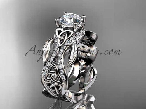 14kt white gold diamond celtic trinity knot wedding ring, engagement ring with a "Forever One" Moissanite center stone CT7515