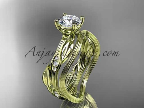 14k yellow gold diamond leaf and vine wedding ring set, engagement ring set ADLR31S
