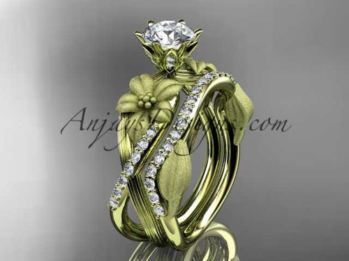Unique 14kt yellow gold diamond flower, leaf and vine wedding ring, engagement set ADLR221S