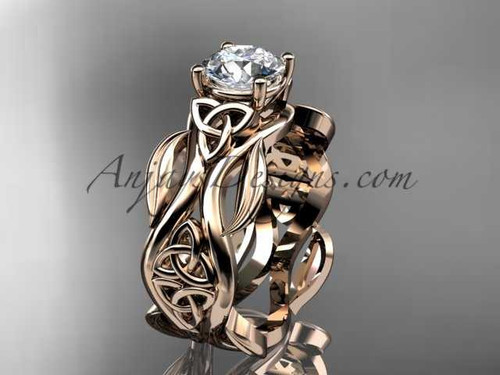Amazing Leaf and Celtic Pattern Wedding Ring, 14kt Rose Gold Nature Themed Moissanite Bridal Ring CT7264