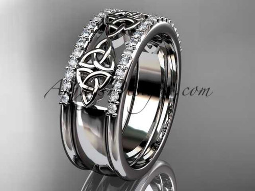 Unique Celtic Wedding Band, 14kt White Gold Trinity Diamond Bridal Ring CT7406B