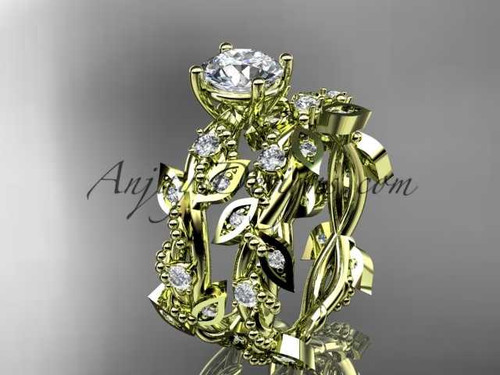 14k yellow gold diamond leaf and vine wedding ring, engagement set with "Forever One" Moissanite center stone ADLR59S