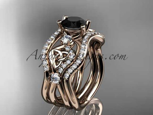 14kt rose gold celtic trinity knot engagement ring, wedding ring with a Black Diamond center stone and double matching band CT768S