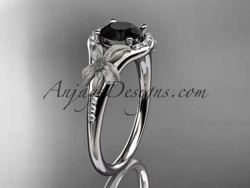 14kt white gold diamond leaf and vine wedding ring, engagement ring with a Black Diamond center stone ADLR91