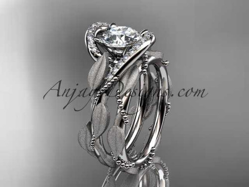 Round Diamond Engagement Ring Set 14k White Gold Leaf Floral Wedding Ring Lab Grown Diamond Nature Inspired Leaf Bridal Set ADLR64S