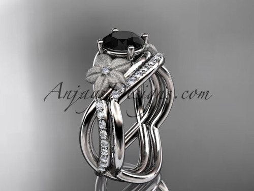platinum diamond leaf and vine wedding ring, engagement set with a Black Diamond center stone ADLR90S