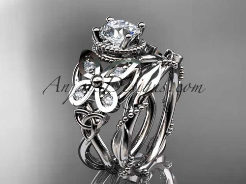 Amazing Nature Themed Wedding Set, 14kt White Gold Leaf Butterfly Engagement Ring CT7136S
