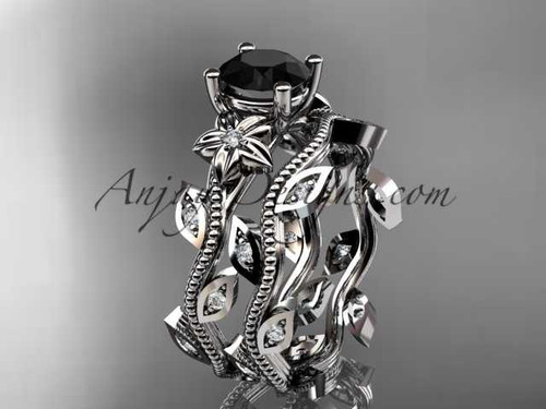 platinum diamond leaf and vine wedding ring, engagement ring, engagement set with a Black Diamond center stone ADLR151S