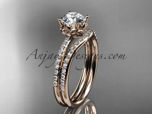 14kt rose gold diamond floral wedding ring, engagement set with a "Forever One" Moissanite center stone ADLR92S