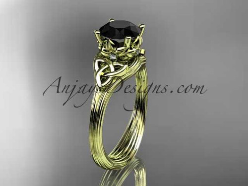 14kt yellow gold diamond celtic trinity knot wedding ring, engagement ring with a Black Diamond center stone CT7240