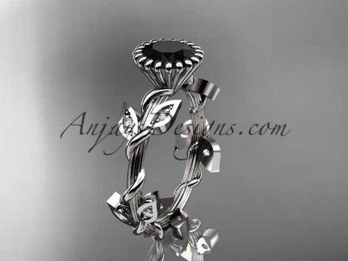 14kt white gold diamond leaf and vine wedding ring,engagement ring with a Black Diamond center stone ADLR20A