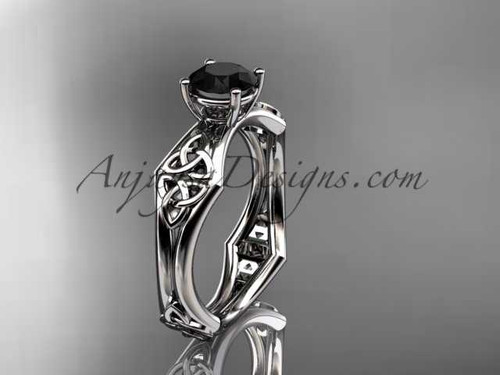 14kt white gold celtic trinity ring, triquetra ring, engagement ring with a Black Diamond center stone CT7356