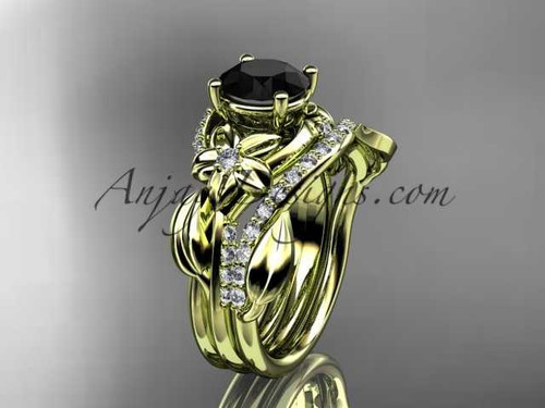 Unique 14k yellow gold diamond flower, leaf and vine wedding ring, engagement set with a Black Diamond center stone ADLR224S