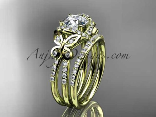14kt yellow gold diamond butterfly wedding ring, engagement set with a "Forever One" Moissanite center stone ADLR141S
