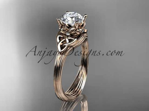 14kt rose gold diamond celtic trinity knot wedding ring, engagement ring with a "Forever One" Moissanite center stone CT7240