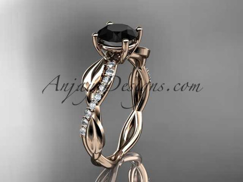 14kt rose gold leaf diamond wedding ring, engagement ring with a Black Diamond center stone ADLR385