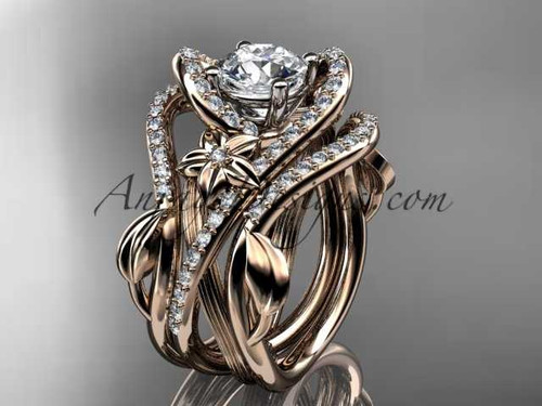 14kt rose gold diamond leaf and vine engagement ring with "Forever One" Moissanite center stone and double matching band ADLR369S