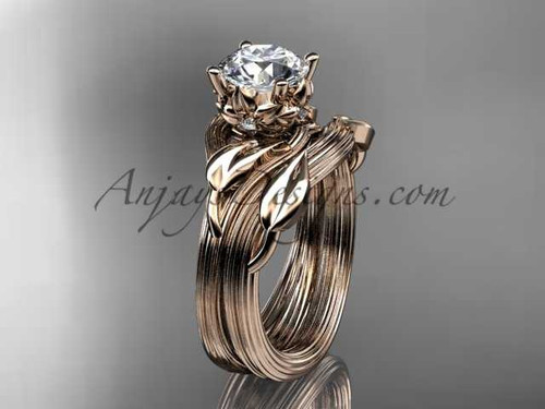 14kt rose gold diamond flower, leaf and vine wedding ring, engagement set ADLR240S