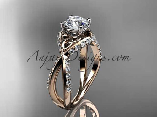 14kt rose gold diamond celtic trinity knot wedding ring, engagement ring with a "Forever One" Moissanite center stone CT7218 14kt rose gold diamond celtic trinity knot wedding ring, engagement ring with a "Forever One" Moissanite center stone CT7218