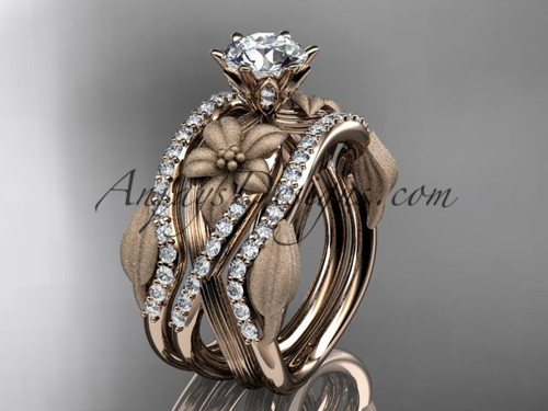 Nature Inspired Double Band Diamond Engagement Ring, Artisan Rose Gold Flower Moissanite Wedding Set