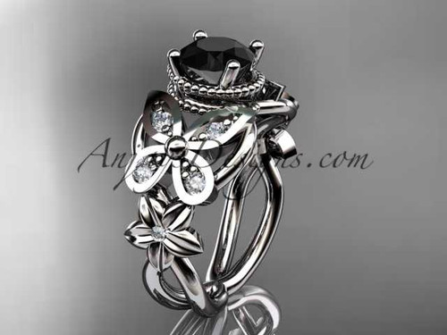 14kt white gold diamond floral, butterfly wedding ring, engagement ring with a Black Diamond center stone ADLR136