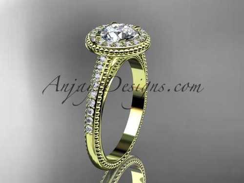 14kt yellow gold diamond unique engagement ring, wedding ring with a "Forever One" Moissanite center stone ADER104