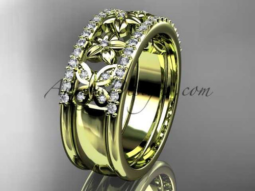 14kt yellow gold diamond engagement ring, butterfly engagement ring, flower wedding band ADLR500B