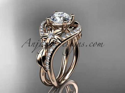 Unique 14kt rose gold diamond leaf and vine wedding ring, engagement ring with a "Forever One" Moissanite center stone ADLR244