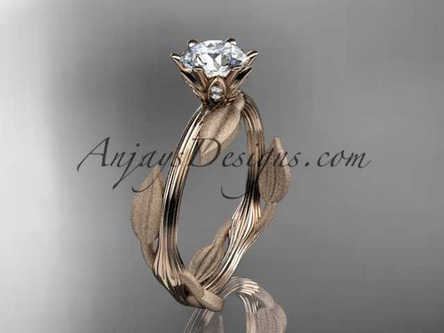 Unique 14k rose gold leaf and vine engagement ring, wedding ring with a "Forever One" Moissanite center stone ADLR343