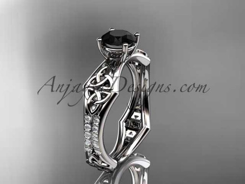 14kt white gold diamond celtic trinity ring, triquetra ring, engagement ring with a Black Diamond center stone CT7353