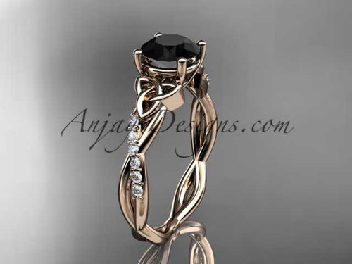 14kt rose gold diamond celtic trinity knot wedding ring, engagement ring with a Black Diamond center stone CT7388