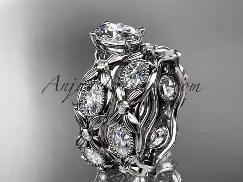 14kt white gold diamond leaf and vine wedding ring, engagement set with a "Forever One" Moissanite center stone ADLR152S