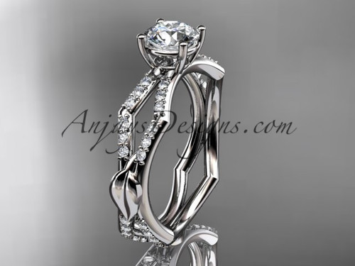 Adorable Leaf pattern Engagement Ring, White Gold Diamond Bridal Ring 