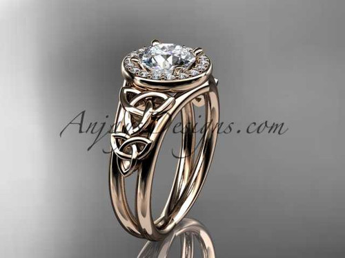 Artisan Celtic Halo Diamond Moissanite Engagement Ring, 14kt Rose Gold Triquetra Wedding Ring CT7131