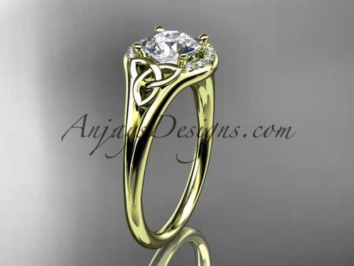 14kt yellow gold celtic trinity knot engagement ring, wedding ring with a "Forever One" Moissanite center stone CT791