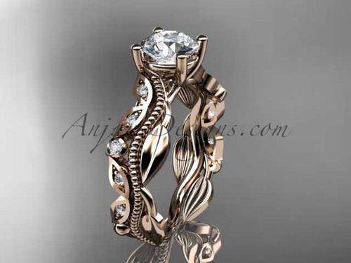14kt rose gold diamond leaf and vine wedding ring, engagement ring with a "Forever One" Moissanite center stone ADLR342