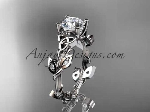 14kt white gold diamond celtic trinity knot wedding ring, engagement ring with a "Forever One" Moissanite center stone CT7215