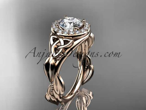 14kt rose gold diamond celtic trinity knot wedding ring, engagement ring with a "Forever One" Moissanite center stone CT7327