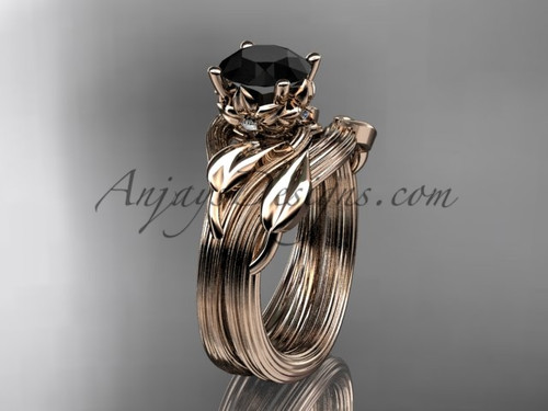 Unique Leaf and Vine Wedding Set, Rose Gold Black Diamond Engagement Ring