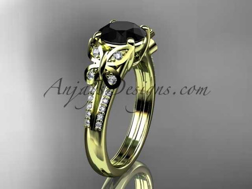 14kt yellow gold diamond unique engagement ring, butterfly ring, wedding ring with a Black Diamond center stone ADLR514