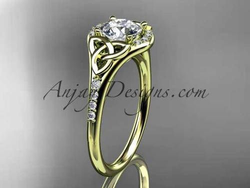 14kt yellow gold diamond celtic trinity knot wedding ring, engagement ring with a "Forever One" Moissanite center stone CT7126