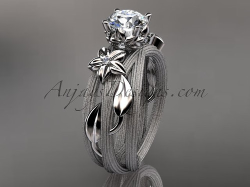 14kt white gold diamond floral, leaf and vine wedding ring, engagement ring with a "Forever One" Moissanite center stone ADLR253