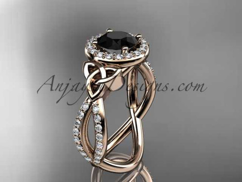14kt rose gold diamond celtic trinity ring, triquetra ring, Irish engagement ring with a Black Diamond center stone CT7374