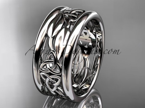Amazing White Gold Mens Triquetra Wedding Band,  Artisan Celtic Trinity Knot Bridal Ring 