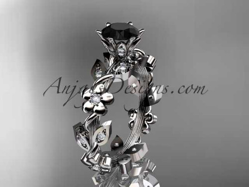 platinum diamond leaf and vine engagement ring with a Black Diamond center stone ADLR209